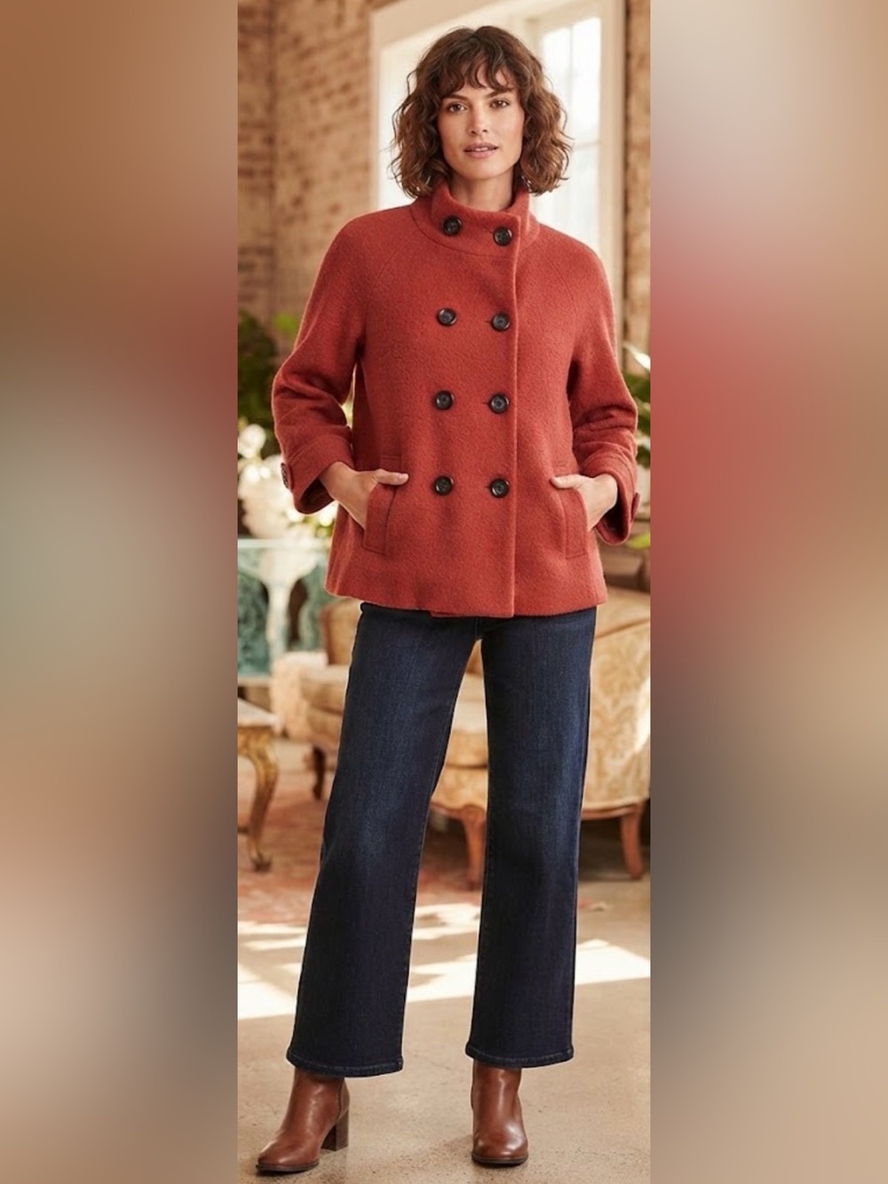 Chico's Boiled Wool Double Breasted Pea Coat Red Burnt Orange Fall Size M/L